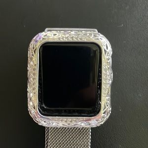 Rhinestone and silver filigree bling bumper for iWatch 38 mm.